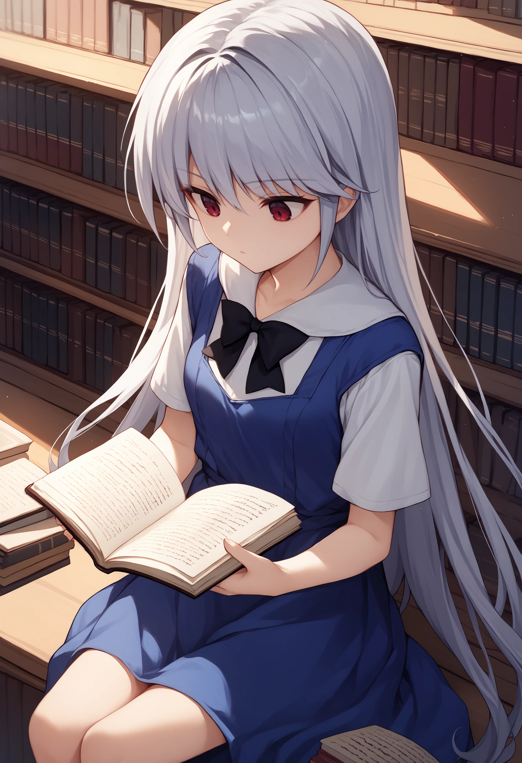 score_9, score_7_up, 1girl,    <lora:Kazuki Lorer 2:1> Kazuki, silver hair, long hair, red eyes, white shirt, blue dress, black bow, short sleeves, sitting, library, reading book,