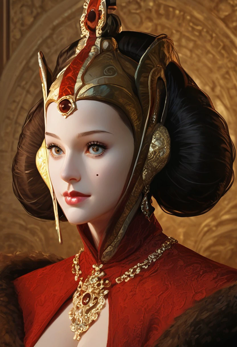 score_9, score_8_up, score_7_up, score_6_up, Queen Padmé Amidala, solo, 1 girl, beautiful face, singular red dot on both cheeks, aroused, flirty smile, big cleavage, huge breasts, red dress, makeup, lipstick, Crown, royal palace background, standing, golden hour lighting, masterpiece, whole body view, front view