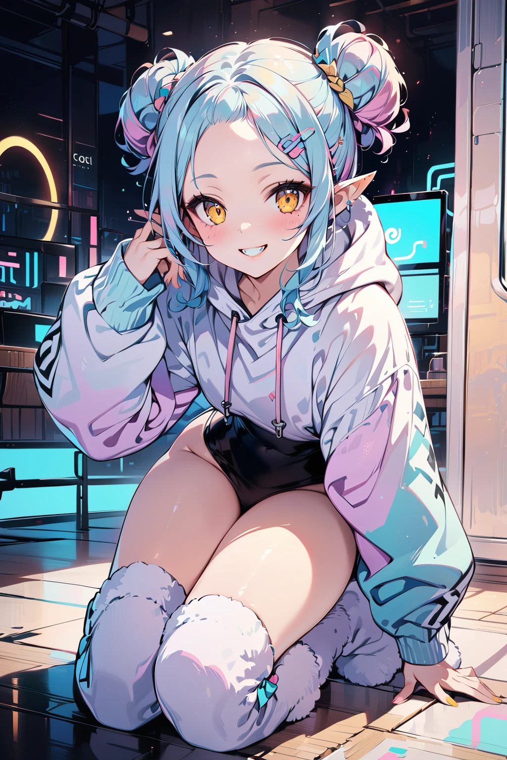 masterpiece, best quality, 8k HD, brillint lighting effect, sharp quality, intricate details:0.8,ultra resolution, cold color scheme, pastel ink, 1girl, korean, full body, cute smile, intricate detailed yellow eyes, pointy face,(silver_color_with_streaks_tied_bun_hairstyle, beautiful bangs, curls, forehead, hairclip), Nordic fur, fur boots, Dracula teeth, elf ears, more detail XL<lora:EMS-314974-EMS:1.000000>, <lora:EMS-61413-EMS:0.800000>