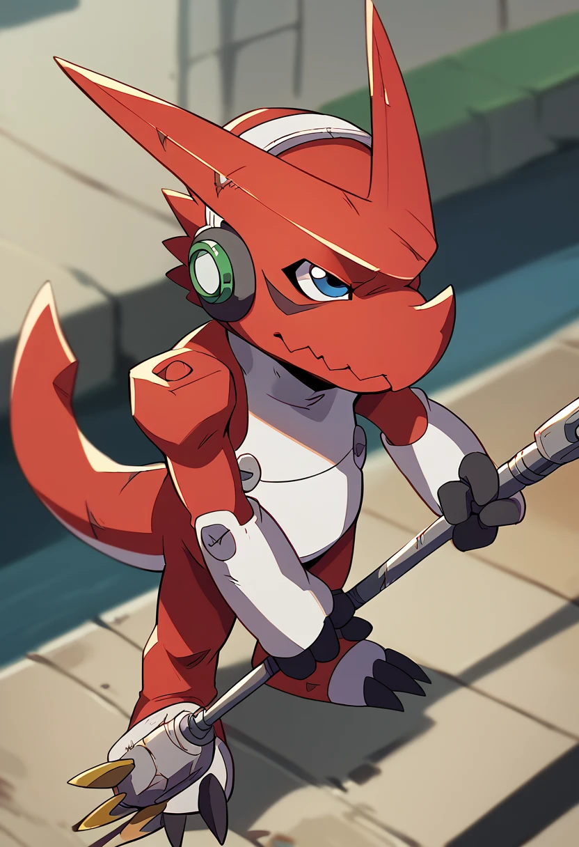 score_9, score_8_up, score_7_up, score_6_up, source_furry, solo, dof, full-length portrait, blurred background,  <lora:DIGIMON_SHOUTMON:1> shoutmon, digimon (creature), mic stand, cinematic, injured, looking up, holding one arm