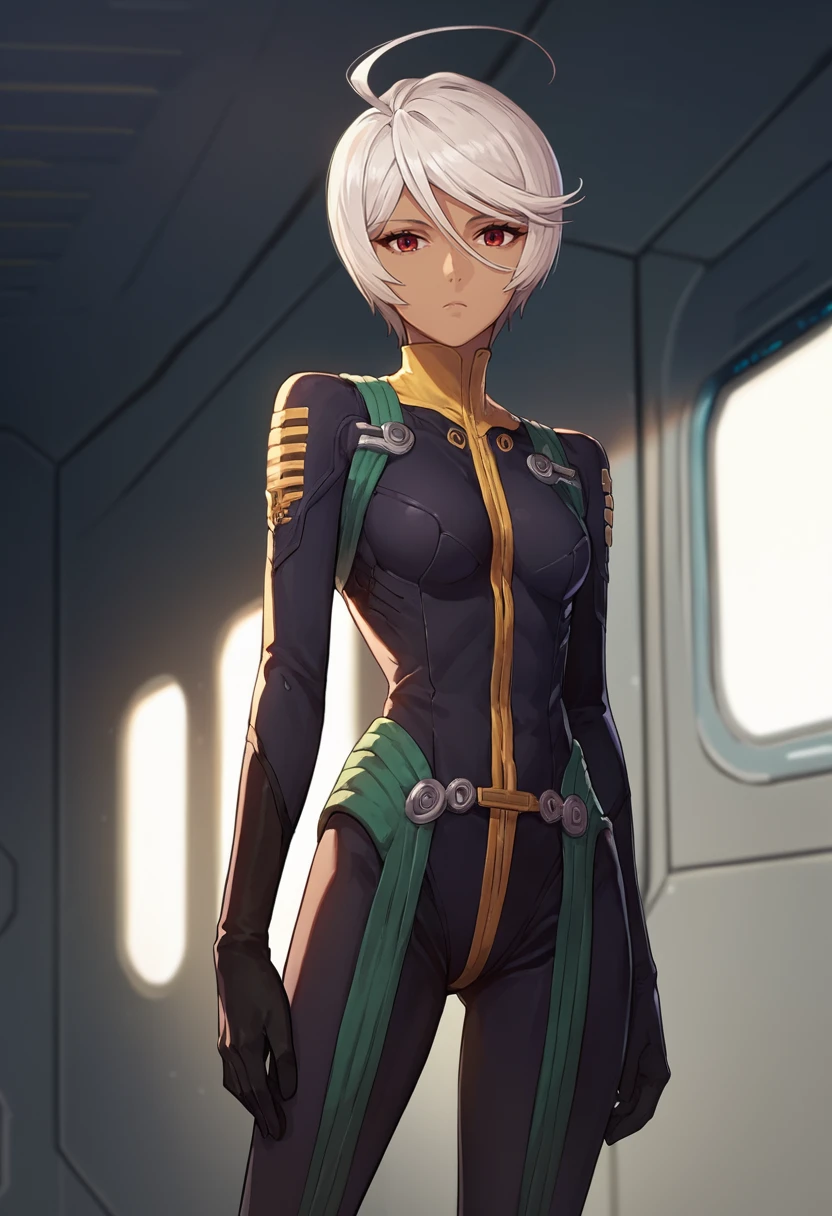 score_9, score_8_up, score_7_up, source_anime, solo, 1girl, yamamoto akira, dark skin, expressionless, looking at viewer, standing, white hair, ahoge, black bodysuit, black gloves, indoors, spacecraft interior <lora:spacebattleship_yamamoto_ponyXL:1>