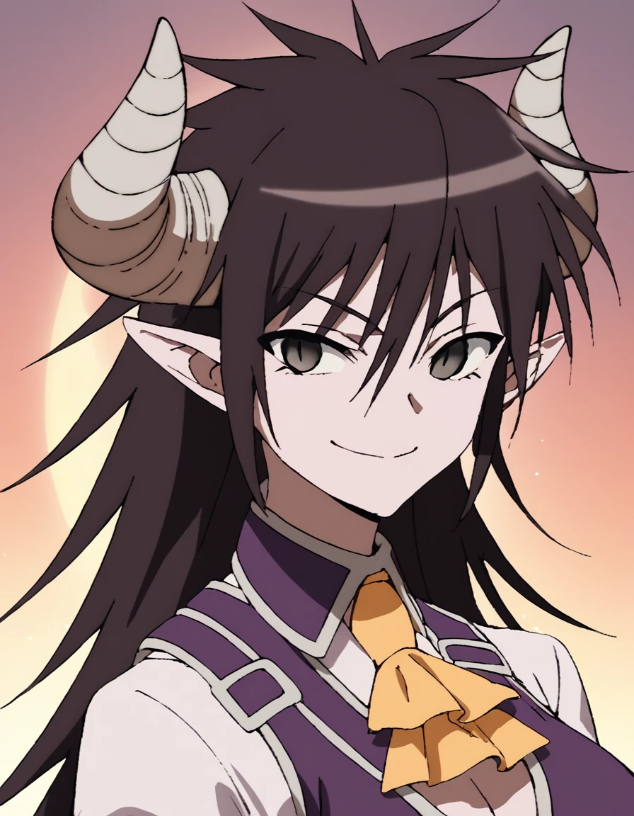 score_9, score_8_up, score_7_up, score_6_up, score_5_up, score_4_up, source_anime,  Kilmaria, black hair, long hair, demon girl, demon horns, pointy ears, black eyes,  portrait, smile