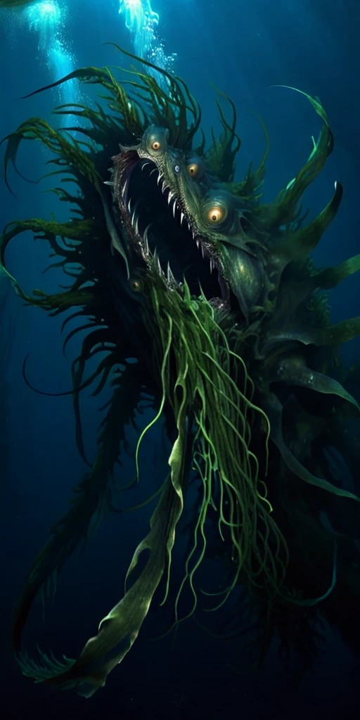 giant underwater monster, deep ocean, algae