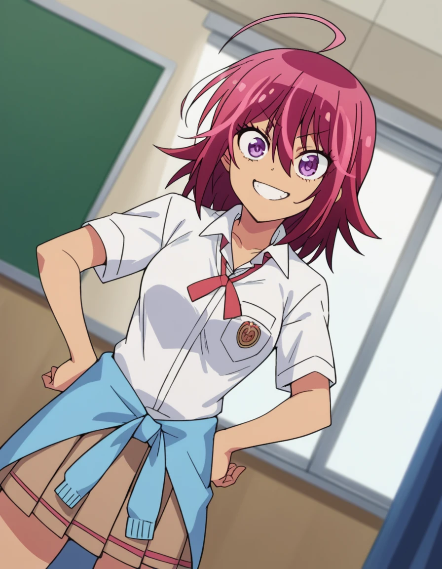 score_9, score_8_up, score_7_up, source_anime, <lora:uruka-takemoto-s2-ponyxl-lora-nochekaiser:1>, uruka takemoto, medium hair, purple eyes, pink hair, ahoge, red hair, medium breasts,, skirt, shirt, school uniform, white shirt, clothes around waist, brown skirt, pleated skirt,, indoors, smug, smile, looking at viewer, solo, hands on hips,, cowboy shot, dutch angle