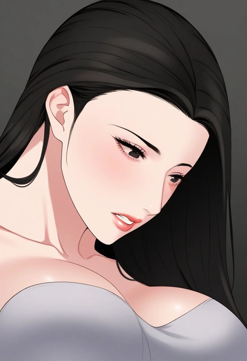 Joshiochi,1 girl,long hair,black hair,bangs,ponytail,swollen lips,painted lips, thick lips,reveal cleavage, erotic, smile,Hitomi Tanaka's chest,huge breasts,older sister,suit,28 years old,Sweat,shiny skin