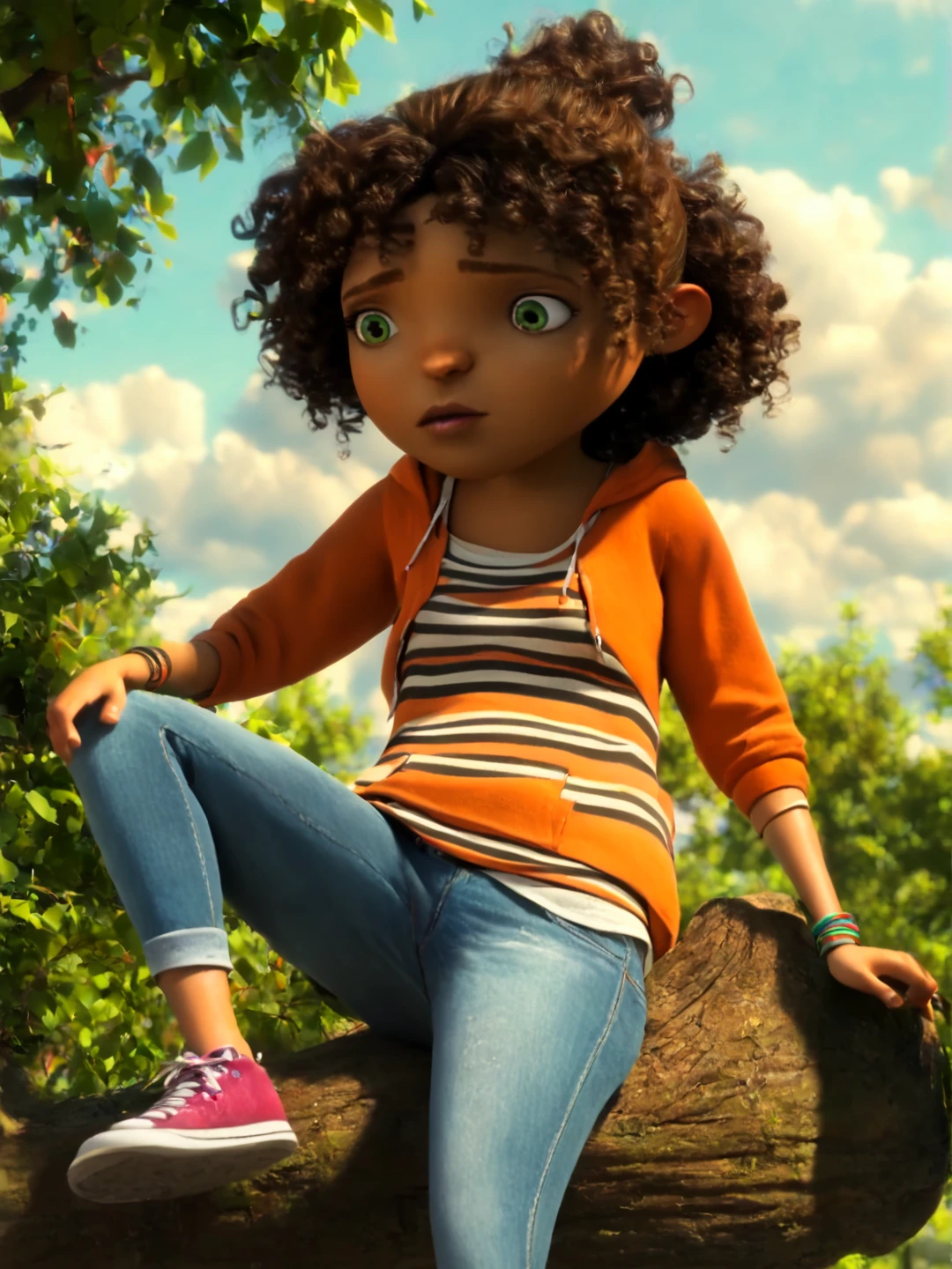 score_9, score_8_up, score_7_up,  score_6_up, BREAK, TipTucci, solo, brown hair, striped shirt, female, sitting on a tree, green eyes, outdoors, sky, shoes, pants, cloud, orange hood, bracelet, tree, orange hoodie, denim, sneakers, child, curly hair, jeans <lora:Gratuity_Tucci:1>