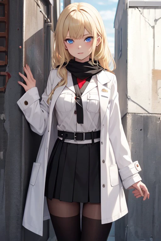 russian clothes, torn scarf, black footwear, red shirt, blue eyes, pantyhose, white coat, blonde hair, black skirt, belt, black thighhighs, <lora:2673a90c-6c8e-4038-9103-84739bd0bb8e:0.7>