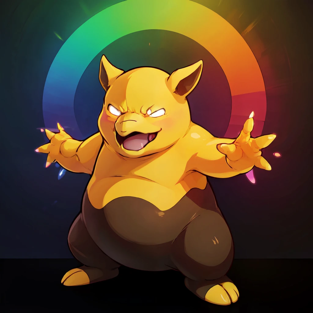 ((masterpiece,best quality)), absurdres, <lora:Drowzee_Pokemon:0.7>,   zzDrwz, smile, standing, full body, black eyes, shiny skin, hands up, glowing, open mouth, glowing eyes, multicolored background, pokemon move, rainbow background,