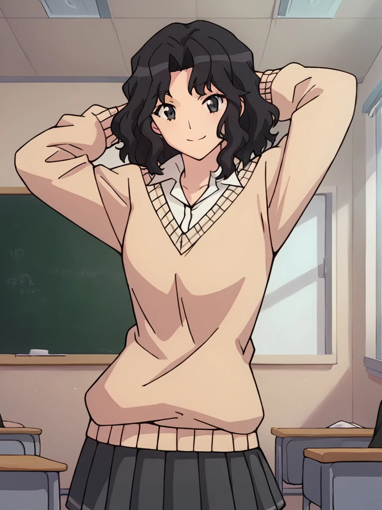 score_9, score_8_up, score_7_up, 
 1girl,  tanamichi kaoru, black hair, medium hair, wavy hair, black eyes, smile, looking at viewer, 

standing, smile, arms behind head, classroom, looking at viewer, 

school uniform, grey skirt, beige sweater, long sleeves, collared shirt, 

