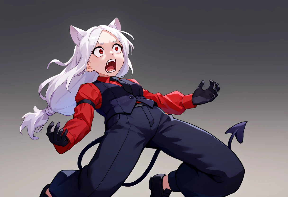 score_9, score_8_up, score_7_up, source_anime, full body, solo, 1girl, wryyyyyyyyyyyyyyyyyyyy, leaning back, outstretched arms, (bended knees:0.75), screaming, open mouth, htcerberus, low-tied long hair, animal ears, red shirt, black necktie, long sleeves, arm garter, black gloves, black vest, waistcoat, black pants, black footwear, demon tail <lora:WryyyyyyPose_pdxl_Incrs_v1:1> <lora:helltaker_cerberus_ponyXL:1>