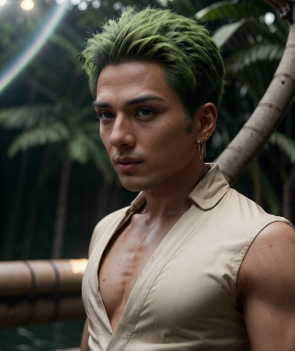 cinematic photo <lora:quiron_mackenyuArataZoro_v010320_Lora:0.77> mackenyuaratazoroquiron, male focus, realistic, 1boy, solo, green hair, jewelry, earrings, shirt, short hair, looking at viewer,  (vivid colors), xtreme Realism, 8K, extremely detailed, photorealism, natural light, (fluid movement), (light trail:1.2),  . 35mm photograph, film, bokeh, professional, 4k, highly detailed