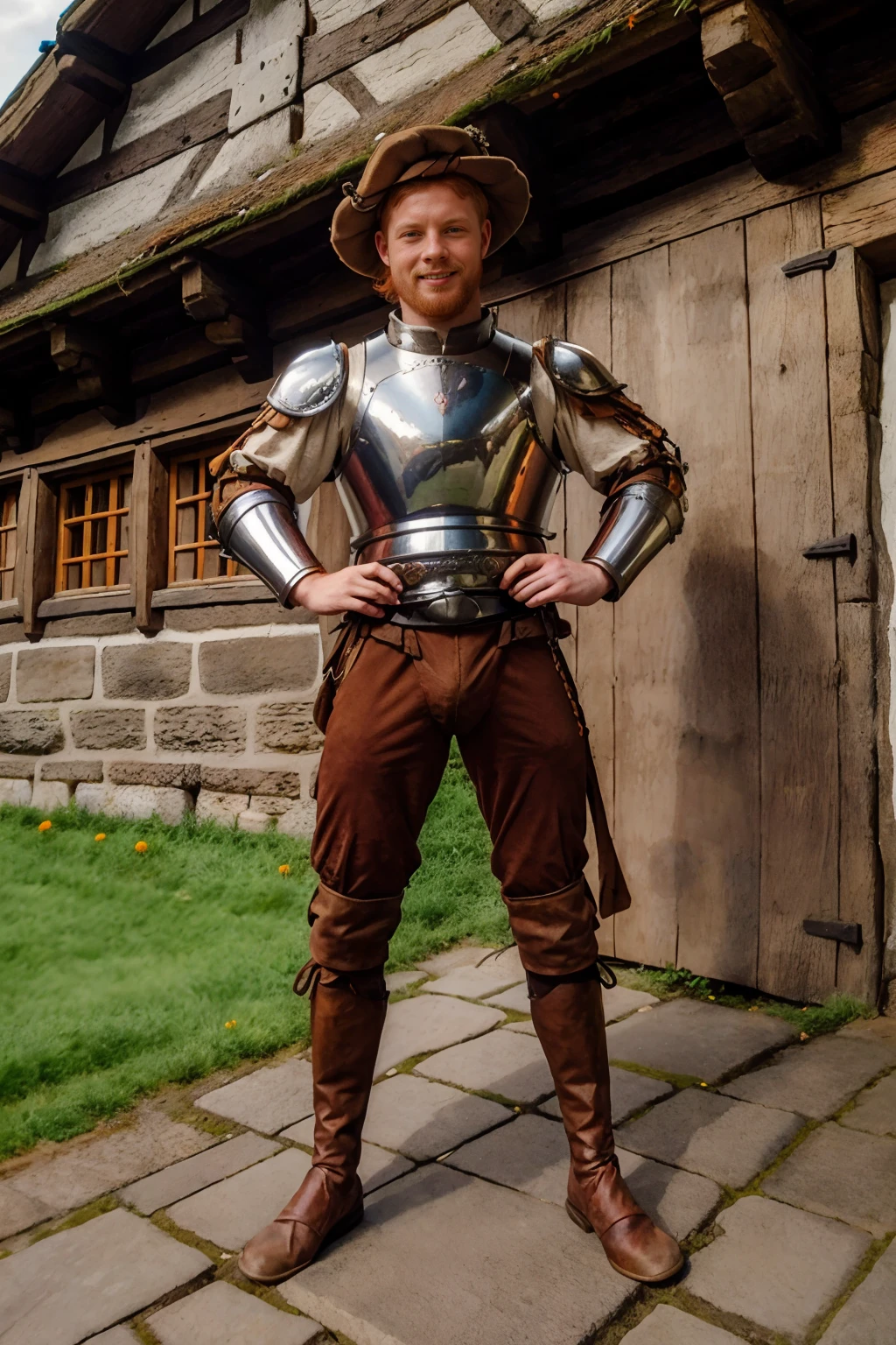 outdoors, cobblestone street, (medieval Dutch village:1.2), half-timbered construction, slight smile, ginger hair, AndroMaas is a Landsknecht, hat, pants, breastplate armor, (((full body portrait))), wide angle  <lora:AndroMaas:0.8>  <lora:Landsknecht:0.9> <lora:German_architecture_last:0.8>