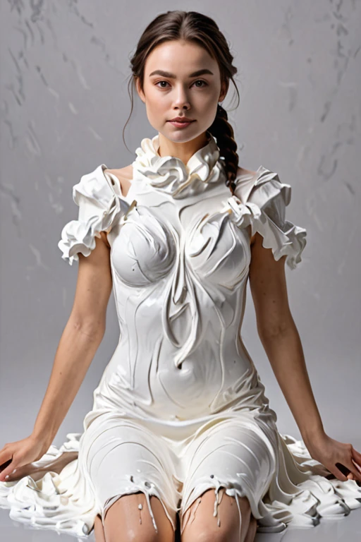 a young lady wearing a dress made of Whipped Cream liquid