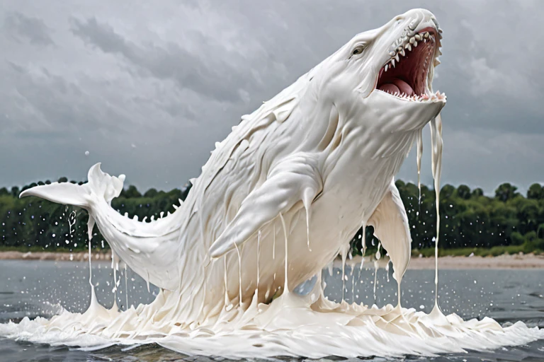 a white whale made of Whipped Cream liquid jumping out of the white water in the sea