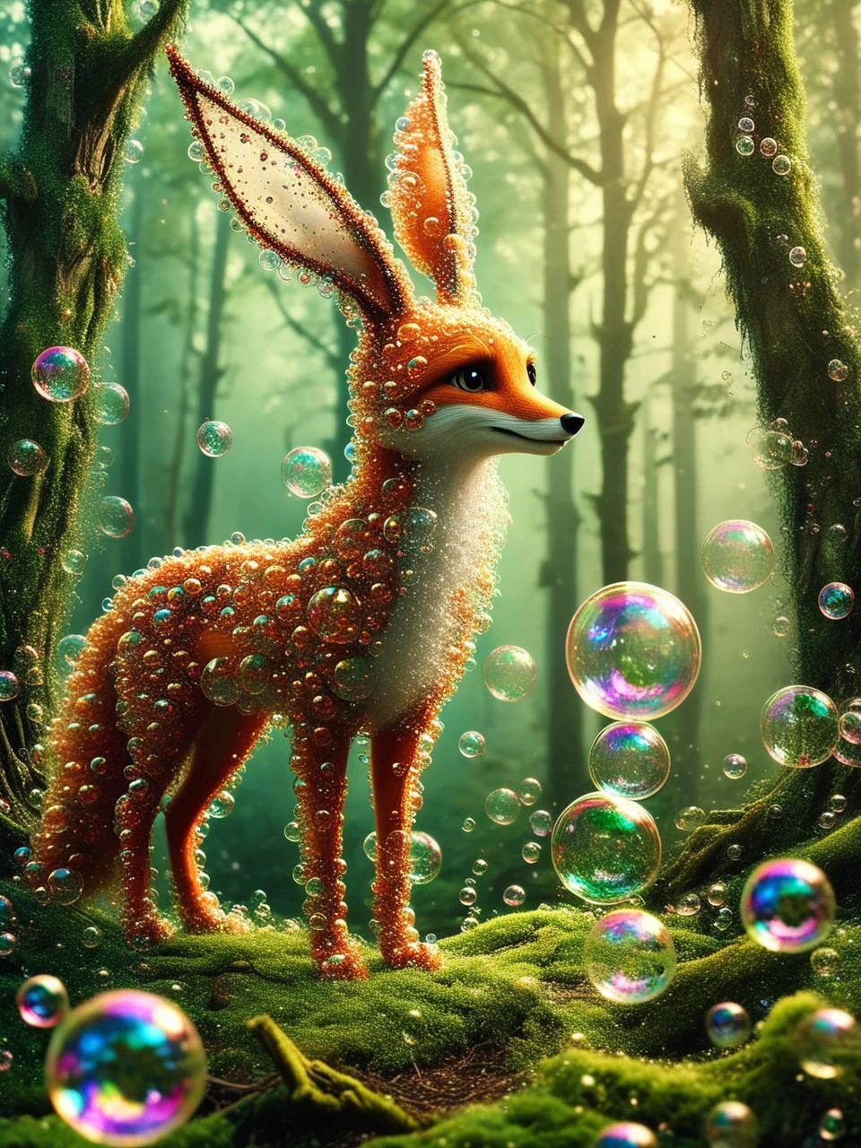 photo of a foxy elf casting a soapbubbles spell, mystic forest, 35mm photography, high detail, painterly style, splatter art, by Atey Ghailan