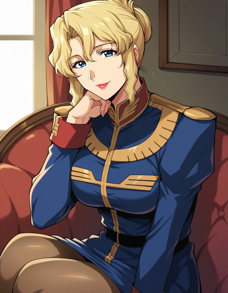 score_9, score_8_up, score_7_up, source_anime, <lora:jane-contie-manga-ponyxl-lora-nochekaiser:1>, jane contie, blue eyes, blonde hair, large breasts, makeup, lipstick, mature female, folded ponytail, sidelocks,, pantyhose, uniform, military, military uniform, epaulettes, high collar, indoors, smile, looking at viewer, solo, sitting, head rest,, cowboy shot, dutch angle