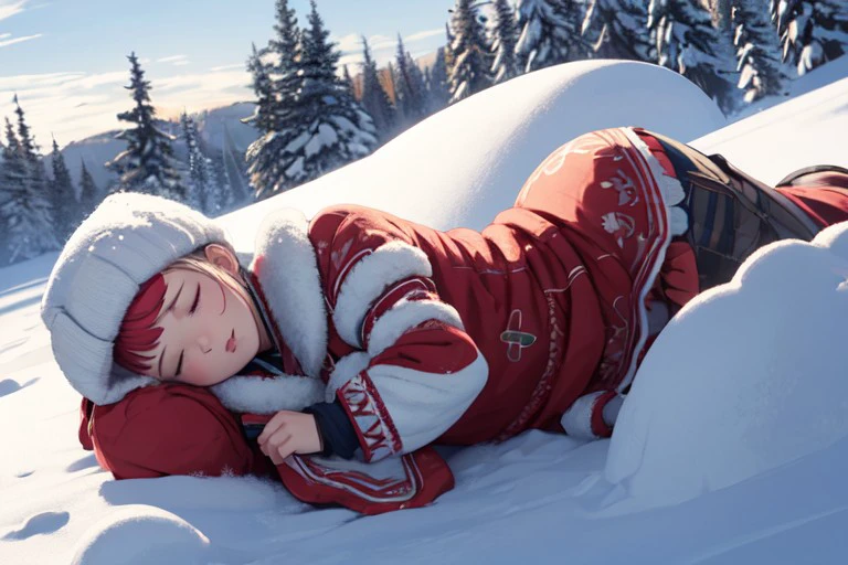 russian clothes, sleeping, lying, snow, <lora:2673a90c-6c8e-4038-9103-84739bd0bb8e:0.7>