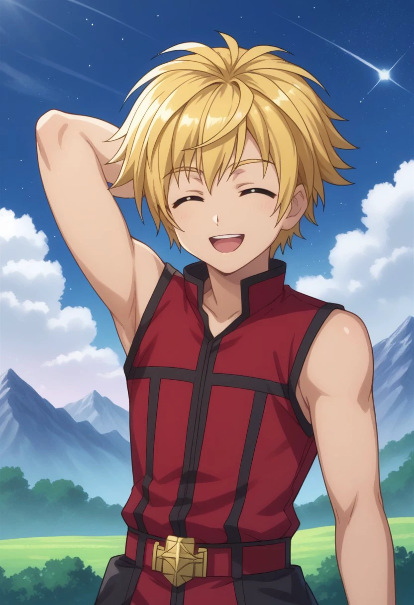 score_9, score_8_up, score_7_up, source_anime, highly detailed, 
izumicinque, 1boy, male focus, solo, blonde hair, sky, cloud, mountain, parody, 
star (sky), starry sky, shirt, red shirt, sleeveless,
upper body, arm behind head, smile, open mouth, closed eyes,