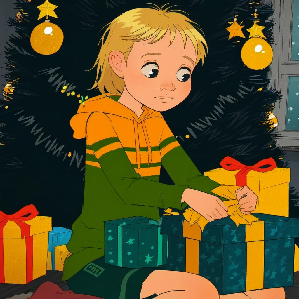 score_9, solo, misha, blonde hair, hoodie, sitting, indoors, christmas tree