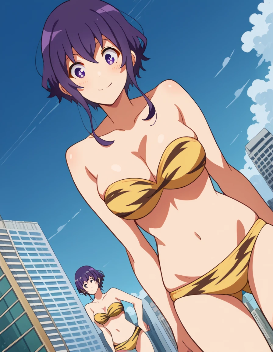 score_9, score_8_up, score_7_up, source_anime, <lora:michiru-hyoudou-s2-ponyxl-lora-nochekaiser:1>, michiru hyoudou, short hair, bangs, purple eyes, purple hair, large breasts,, <lora:lum-cosplay-ponyxl-lora-nochekaiser:1>, lumcosplay, navel, cleavage, swimsuit, bikini, strapless, animal print, yellow bikini, tiger print, strapless bikini,, outdoors, cityscape, street, smile, blush,, , cowboy shot, dutch angle