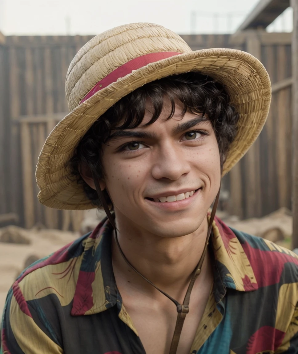 cinematic photo  <lora:quiron_inakigodoyluffy_v010330_Lora:0.87> inakigodoyLuffyQuiron, black hair, hat, realistic, straw hat, solo, male focus, 1boy, looking at viewer, black eyes,   grin , smile , teeth ,  hawaiian shirt , photorealistic, best quality, , . 35mm photograph, film, bokeh, professional, 4k, highly detailed