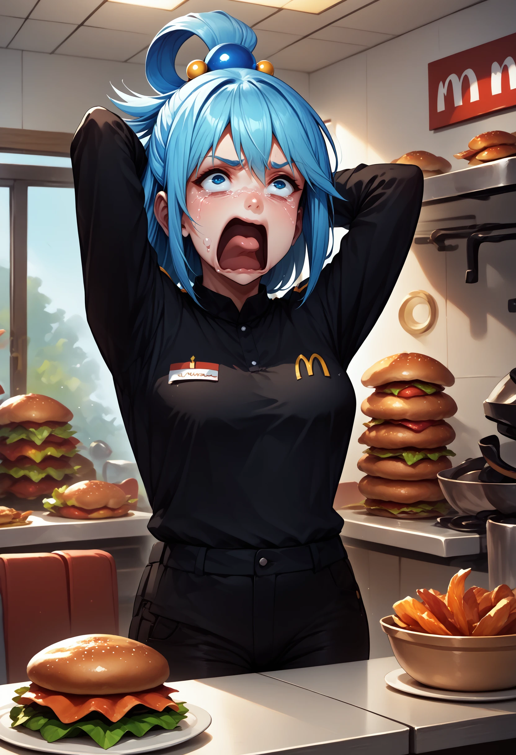 score_9, score_8_up, score_7_up, employee uniform, mcdonald's, black shirt, black pants, <lora:McDonaldsUniform_pdxl_Incrs_v1:1>, indoors, restaurant, aqua \(konosuba\), <lora:concept_aquascreaming_ponyXL:1> aquascreaming, screaming, open mouth, crying with eyes open, cowboy shot, arms behind head, blue hair,