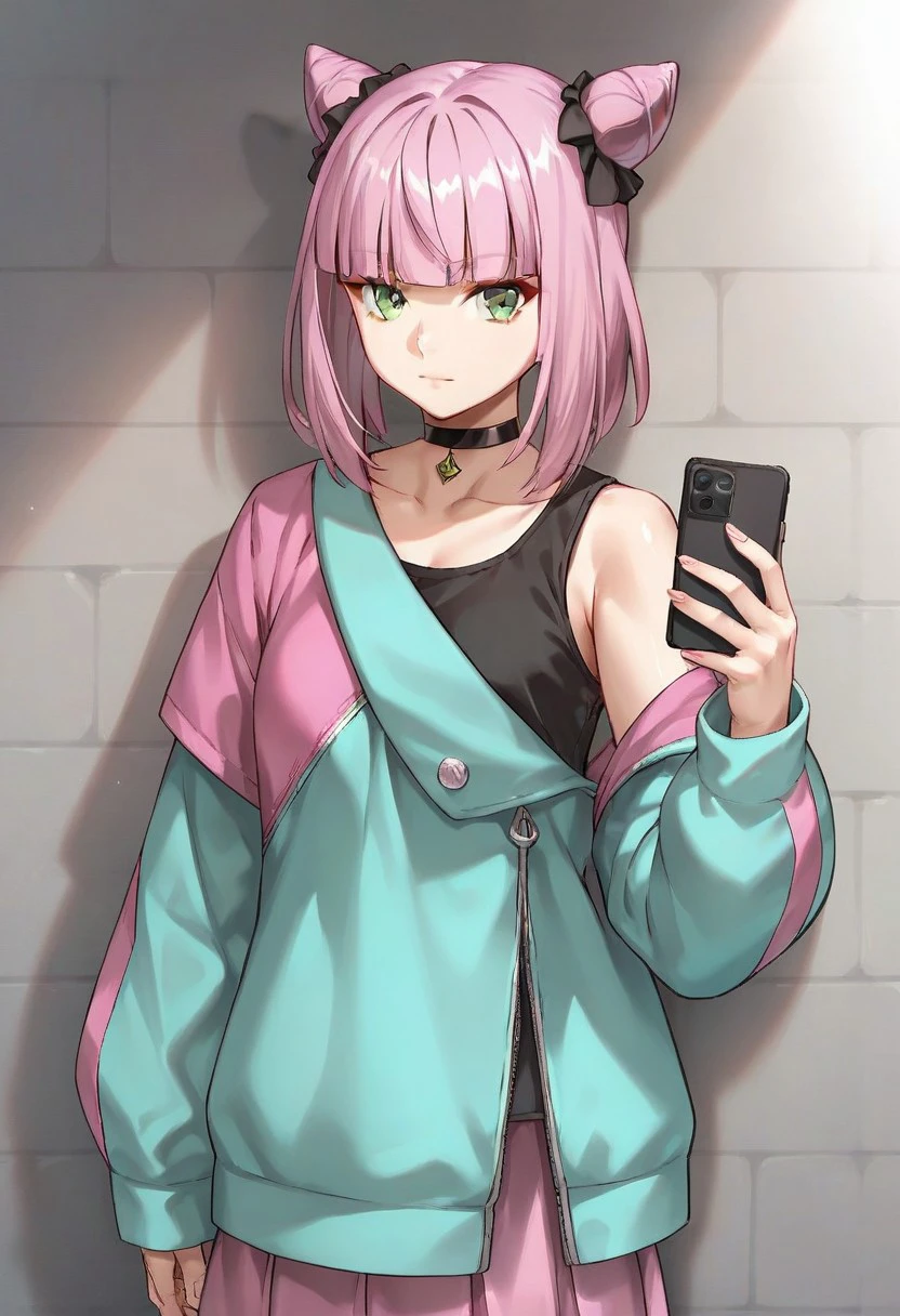 score_9,score_8_up,score_7_up,  shiny skin, perfect composition,
shinagawa_haru, cardfight!!_vanguard, 1girl, solo, jacket, cone hair bun, hair bun, choker, black choker, bangs, pink hair, double bun, phone, off shoulder, green eyes, looking at viewer,   purple hair, skirt, long sleeves, holding, closed mouth, blunt bangs, tank_top, black shirt