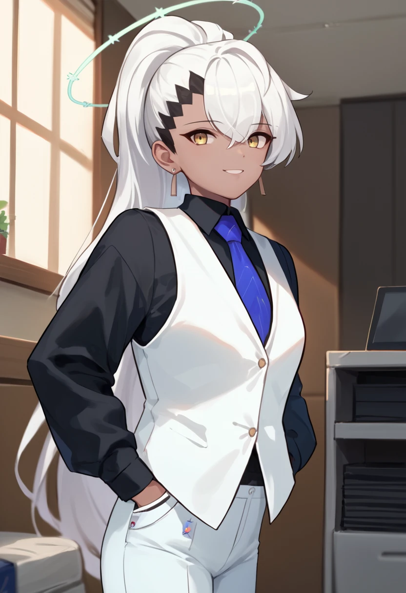 score_9, score_8_up, score_7_up, source_anime, solo, 1girl, bahaine, dark skin, smile, looking at viewer, standing, hands in pockets, ponytail, halo, white vest, black shirt, collared shirt, blue necktie, long sleeves, white pants, earrings, indoors, office <lora:ba_haine_ponyXL-000017:1>