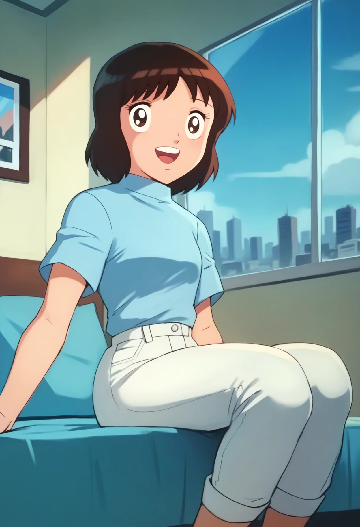 score_9, score_8_up, score_7_up, score_6_up, <lora:CPTTSanae:0.9>, CPTTSanae, brown hair, brown eyes, short hair,
light blue shirt, short sleeves, white pants,
smile, looking at viewer, open mouth, 
BREAK, indoors, sitting on bed, blue sky, window, cityscape,