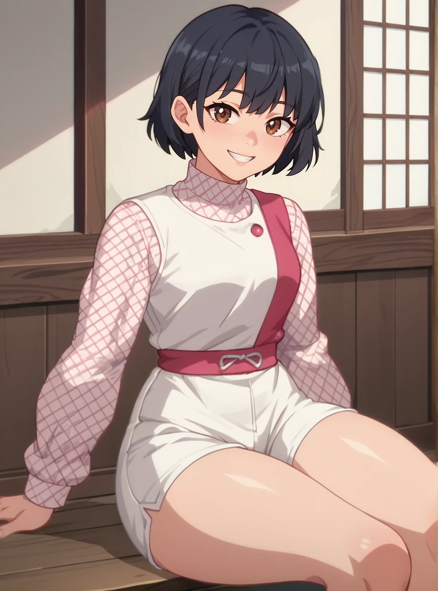 score_9, score_8_up, score_7_up, score_6_up,source_anime, ((anime screencap)),,   <lora:reitachibana:0.8>reidynapink, 1girl, solo, black hair, short hair, smile, brown eyes,, white shorts thick thighs,  long sleeves, thick thighs, sitting, looking at viewer,