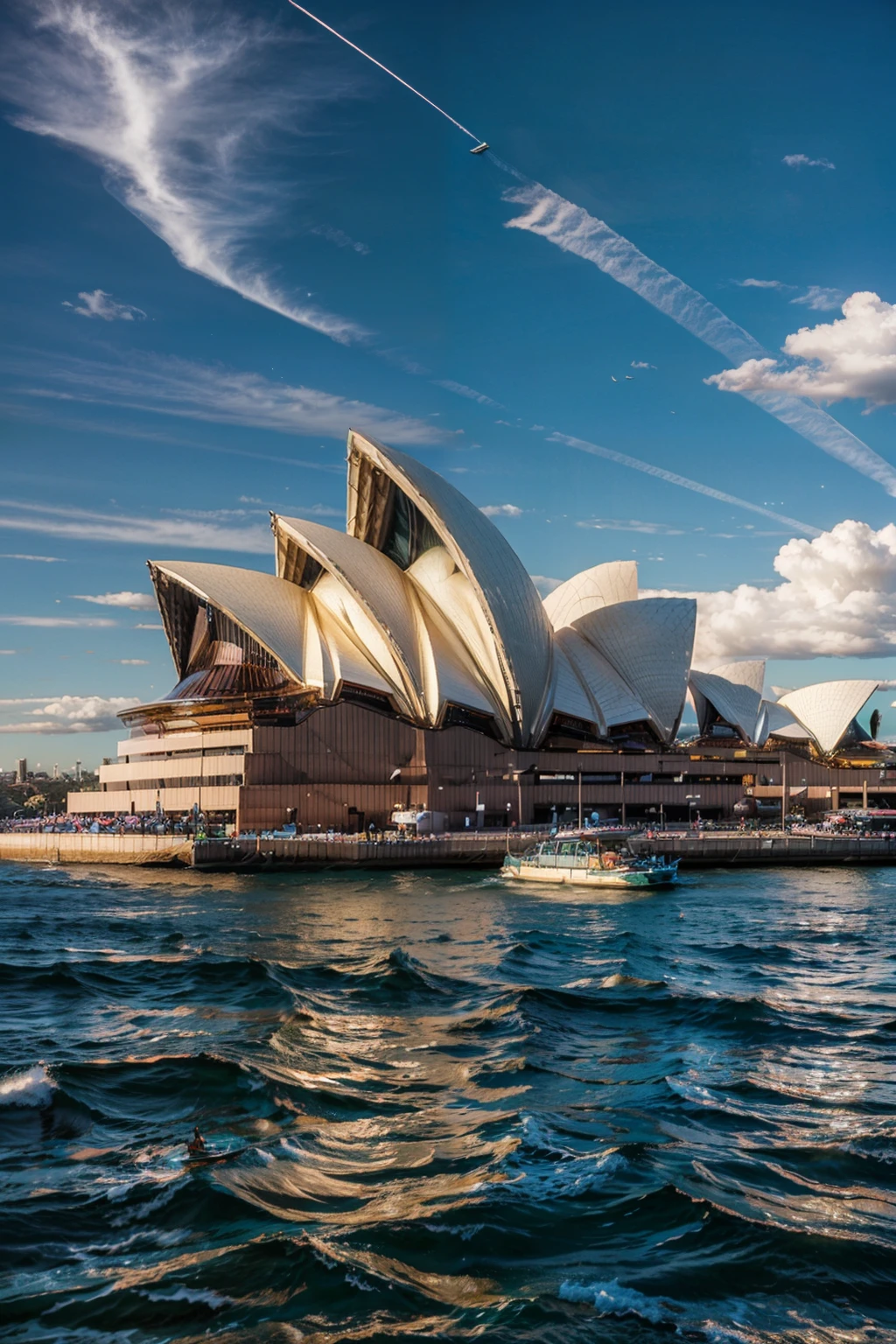 (ultra realistic,32k, masterpiece:1.2),(high detailed:1.1),( high quality:1.1),  BREAK,    <lora:Sydney_Opera_House:0.8>, high resolution, highly detailed,  Sydney Opera House, sky, day, cloud, water, blue sky, ocean,   BREAK,   blooming stars, luminescent petals, otherworldly fragrance blurry background, <lora:add_detail:0.92>, (glowwave:1.1),