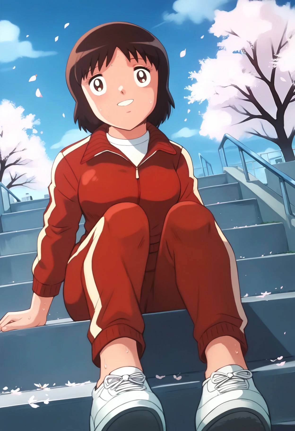 score_9, score_8_up, score_7_up, score_6_up, <lora:CPTTSanae:0.9>, CPTTSanae, brown hair, brown eyes, short hair,
red jacket, track jacket, track suit, track pants, white sneakers,
sitting on stairs, smile, looking at viewer, sweat, 
BREAK, school, outdoors, blue sky, cherry blossoms, building,