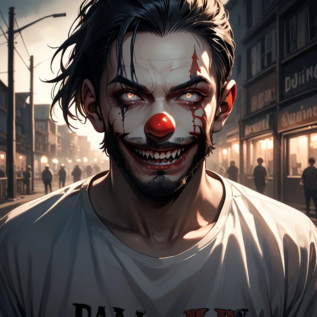 score_9, score_8_up, clown, smile, sharp teeth, source_anime, source_cartoon
solo, horror, 1boy, beard, t-shirt, skin, many tattoos, cargo pants
depth of field, dim, volumetric lighting, chiaroscuro lighting, , <lora:c2638e33-dbbe-4d47-9122-fd7ed4a079f4:0.5>