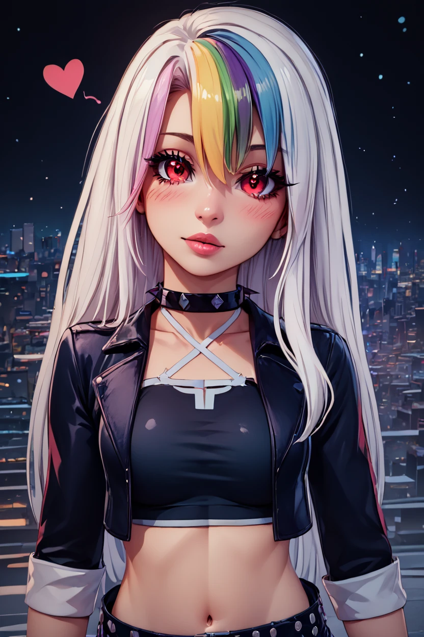 score_9, score_8_up, score_8, medium breasts, (curvy), cute, eyelashes,       BREAK, , <lora:RoxyCitronOCPDXL_v2:0.8>,  Roxy_Citron_OC,  1girl, solo, red eyes, white hair, rainbow hair, long hair, streaked hair, hair between eyes, open jacket, black jacket, midriff, crop top, cropped jacket, belt, criss-cross halter, shorts, shirt, choker, black thighhighs,, BREAK,  (ultra realistic,32k, masterpiece:1.2),(high detailed skin:1.1),( high quality:1.1), curvy, head tilt, hearts, blush, lips, curvy, head tilt, shiny clothes, (upper body), looking at viewer, bokeh, luminescent background,  embedding:zPDXL, Expressiveh,  <lora:RlAnmPDXL:1.0>,