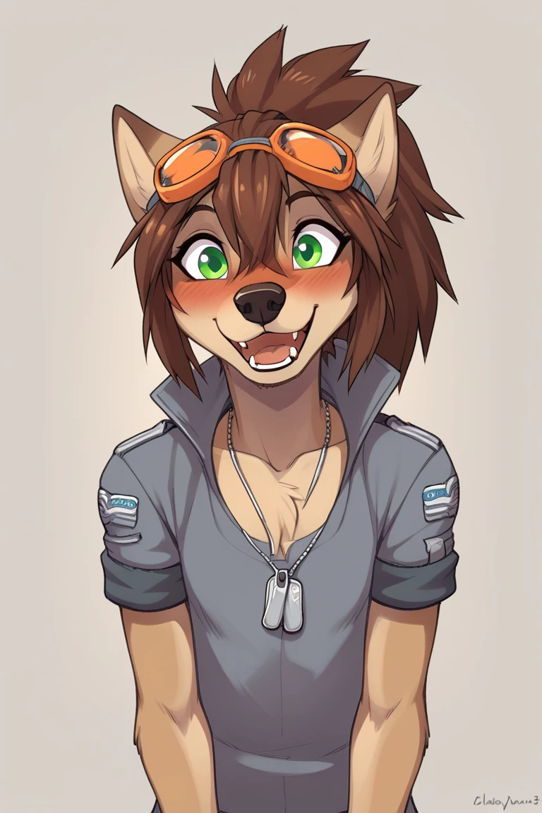 score_9, score_8_up, 
source_furry, rating_explicit,
<lora:Wendy_Wolfy-Nail:0.8>  w3ndywn, 1girl, female wolf, hair between eyes,  spiked hair, green eyes, orange (goggles), animal ears, wolf ears, fingerless gloves, brown hair, blush, black nose, ponytail,
happy, excited,
skinny,
flat chested,
military dog tags,