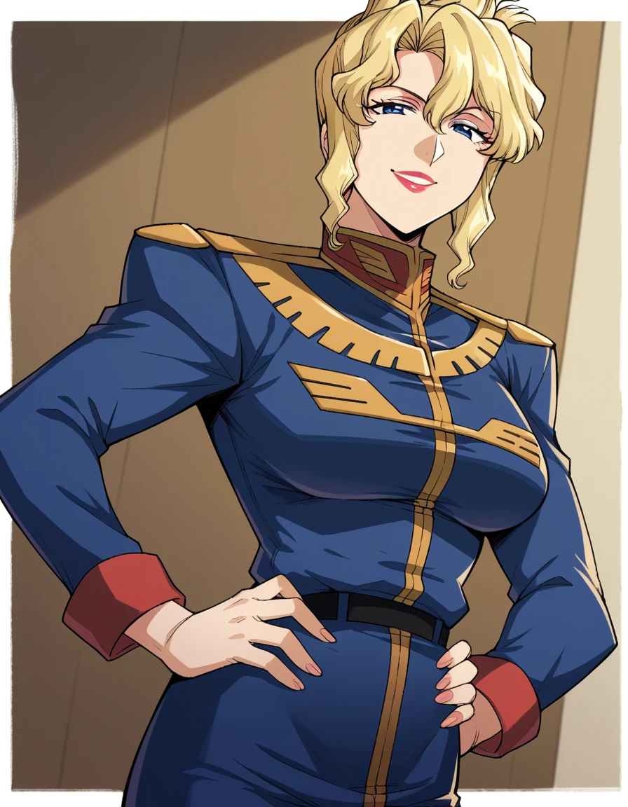 score_9, score_8_up, score_7_up, source_anime, <lora:jane-contie-manga-ponyxl-lora-nochekaiser:1>, jane contie, blue eyes, blonde hair, large breasts, makeup, lipstick, mature female, folded ponytail, sidelocks,, pantyhose, uniform, military, military uniform, epaulettes, high collar, indoors, smug, smile, looking at viewer, solo, hands on hips,, cowboy shot, dutch angle