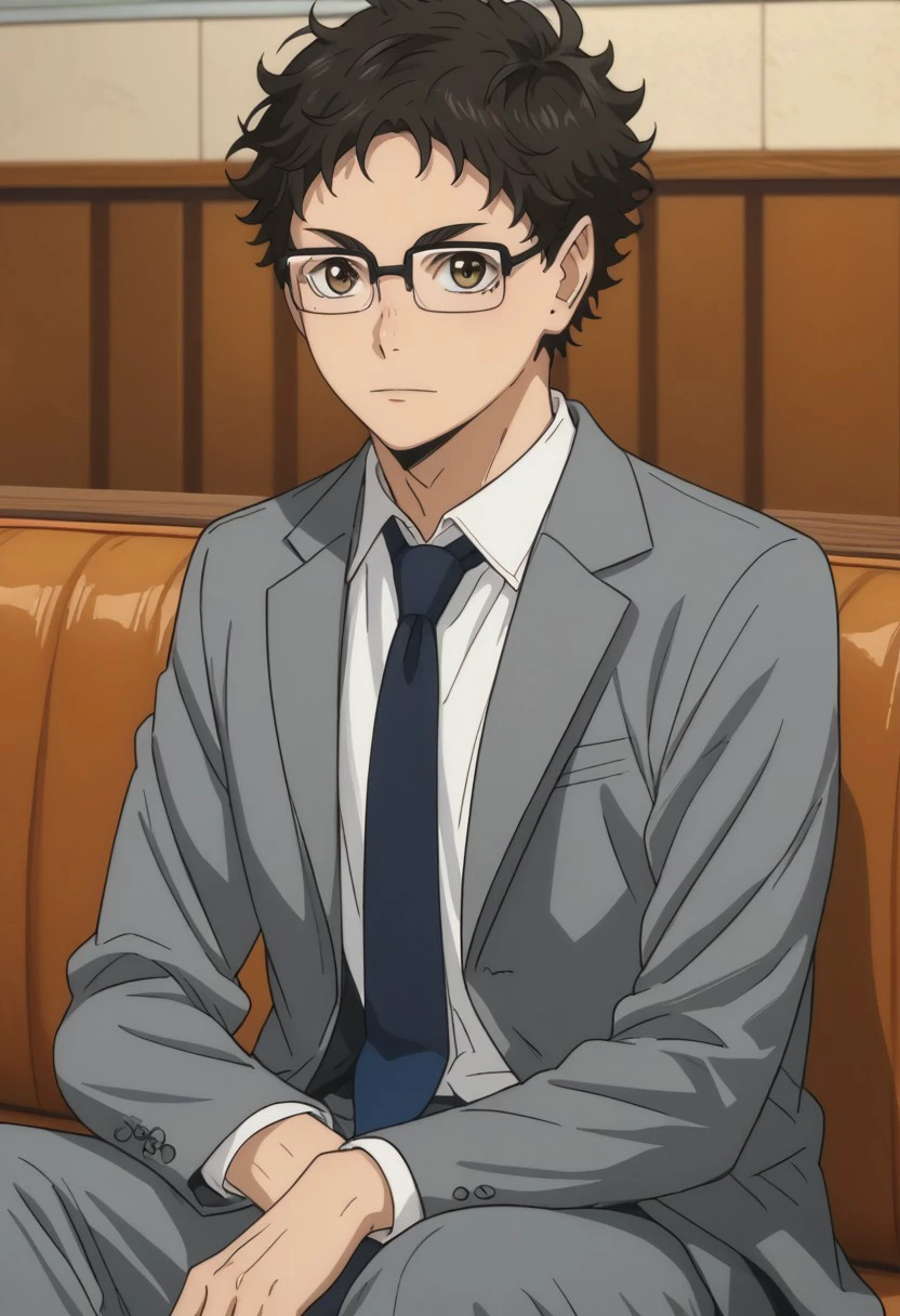 score_9, score_8_up, score_7_up, source_anime, rating_safe, Takaikyu, 1boy, male focus, anime screencap, black glasses, formal, grey suit, blue necktie, collared white shirt, grey pants, sitting,