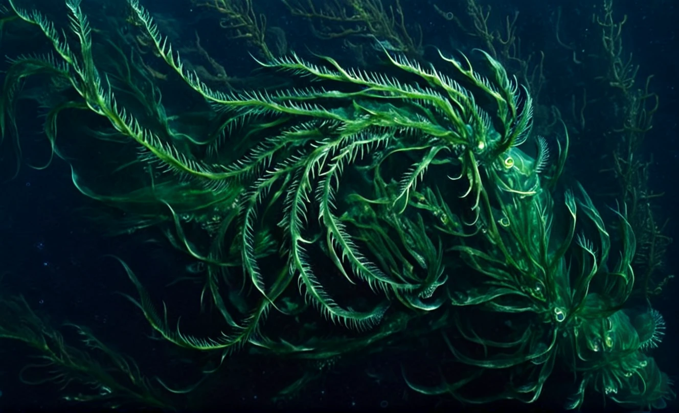 green underwater creature covered in glowing balls