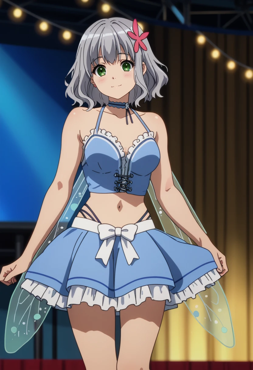 score_7_up, anime screencap,
<lora:AmagiBrilliantPark_MuseXL:0.9>, MuseABP,
1girl, solo, light smile, blush,
medium hair, grey hair, green eyes, hair ornament,
MuseDress, fairy wings, blue choker, cross-laced top, blue bra, frilled bra, frilled skirt, bow skirt, blue skirt,
standing, looking at viewer, thigh gap,
blurry background, stage lights, stage