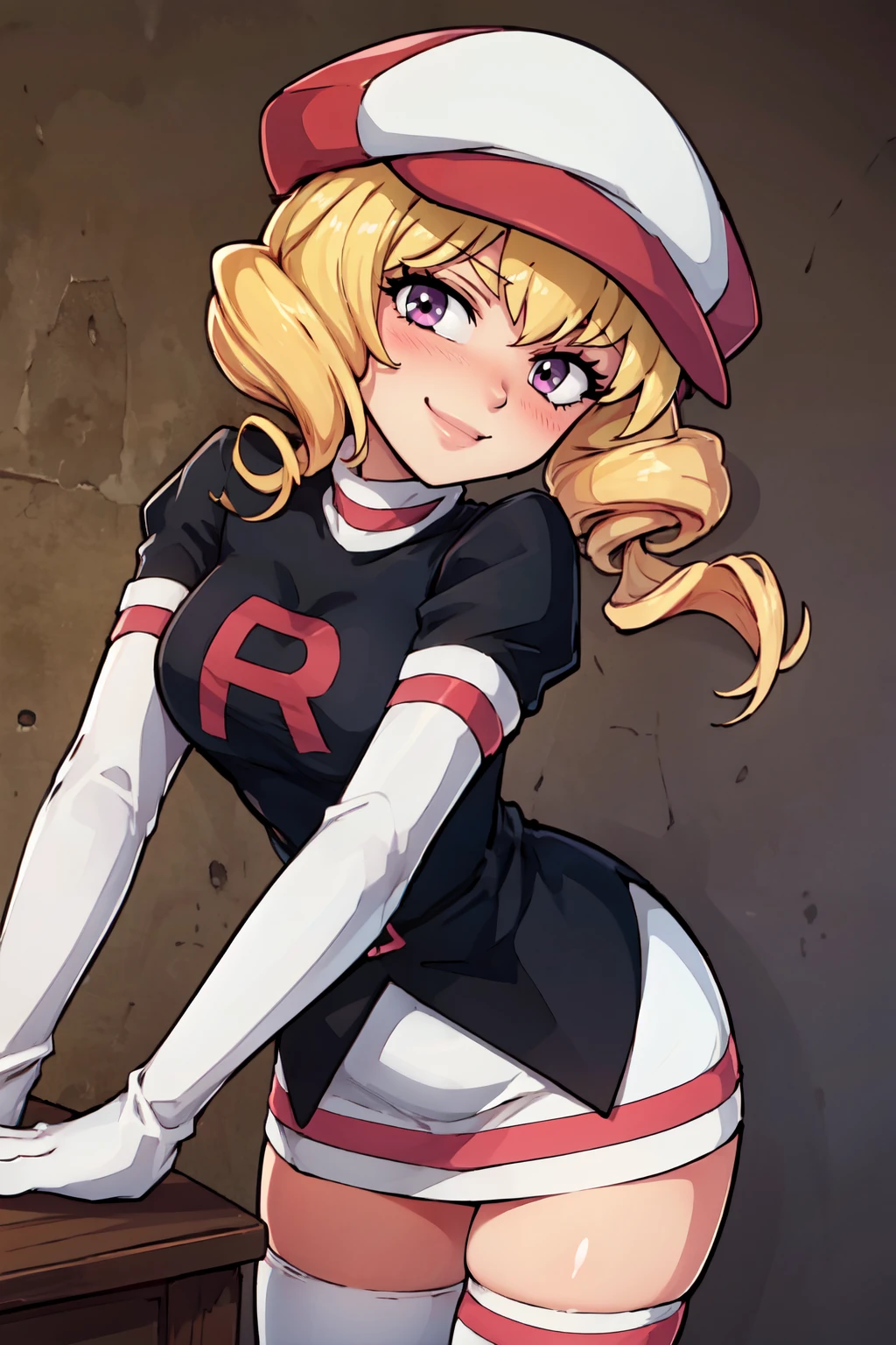 ((masterpiece,best quality)), absurdres,  BREAK, , <lora:Domino_Pokemon:0.7>, zzDomino, purple eyes, blonde hair, drill hair, team rocket, white hat, black shirt, white skirt, white gloves, white thighhighs, , BREAK, leaning forward, head tilt, blush,, BREAK, solo, smile, looking at viewer, cowboy shot,