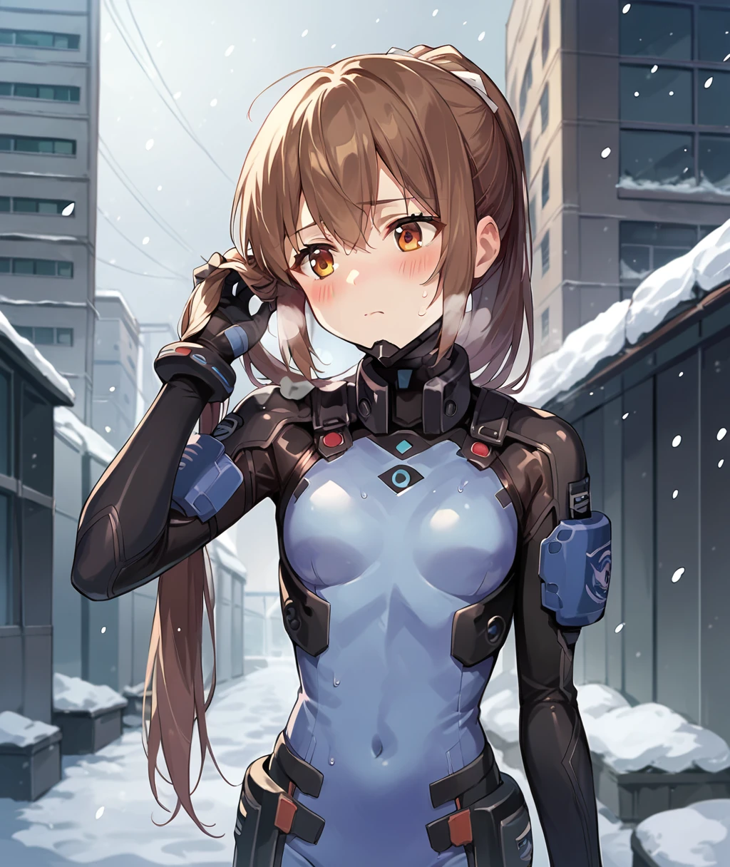 score_9, score_8_up, score_7_up, source_anime, BREAK, 1girl, solo, 2d, Katia, bodysuit, pilot suit, small breasts, hand in hair, dark, outside, snowing, school building, blush, cold breath, 