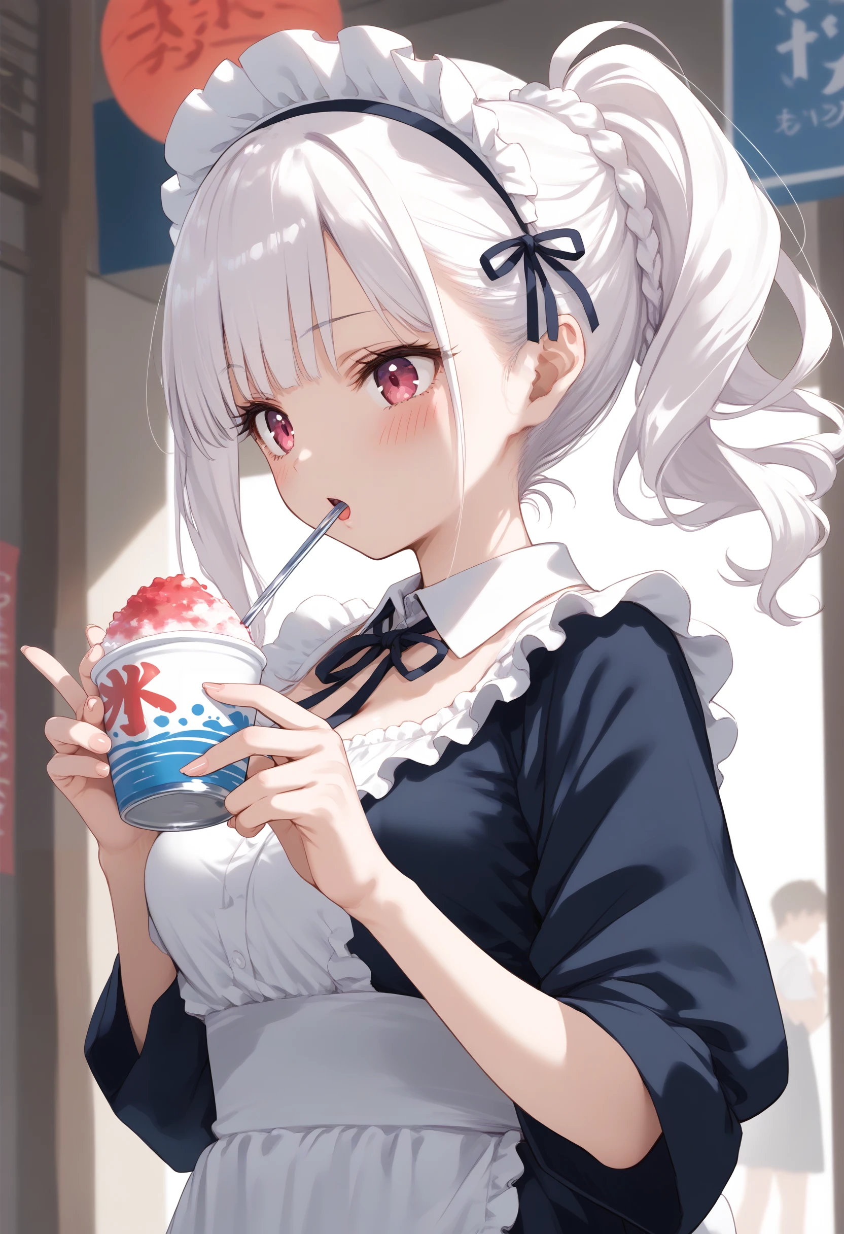 score_9, score_8_up, score_7_up, source_anime,
1girl,solo,medium breasts, maid, maid headdress,
shaved ice,<lora:shavedice_Pony_v1:0.8>
holding drinking straw, spoon straw, eating,
dutch angle, wide shot, looking to the side, white hair, pink eyes,blush, Shinjuku city, open mouth, split ponytail hair,,