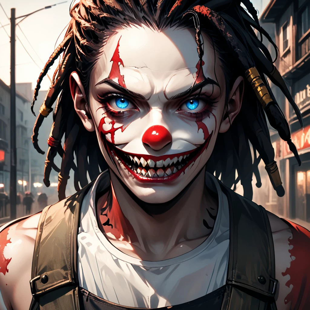 score_9, score_8_up, clown, smile, sharp teeth, source_anime, source_cartoon
Upper body, solo, horror, 1boy, red dreadlocks, blue eyes, tank top, skin, many tattoos, cargo pants
depth of field, dim, volumetric lighting, chiaroscuro lighting, , <lora:c2638e33-dbbe-4d47-9122-fd7ed4a079f4:0.5>