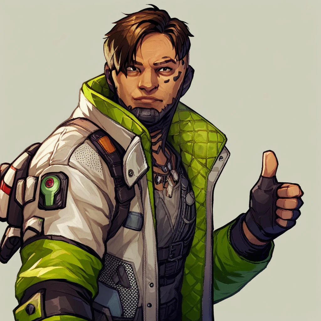 score_7_up, score_8_up, solo male, ApexCrypto, cybernetic implants, jacket, tactical gear, drone_on_back, partially fingerless gloves, (thumbs up), upper body, simple background,