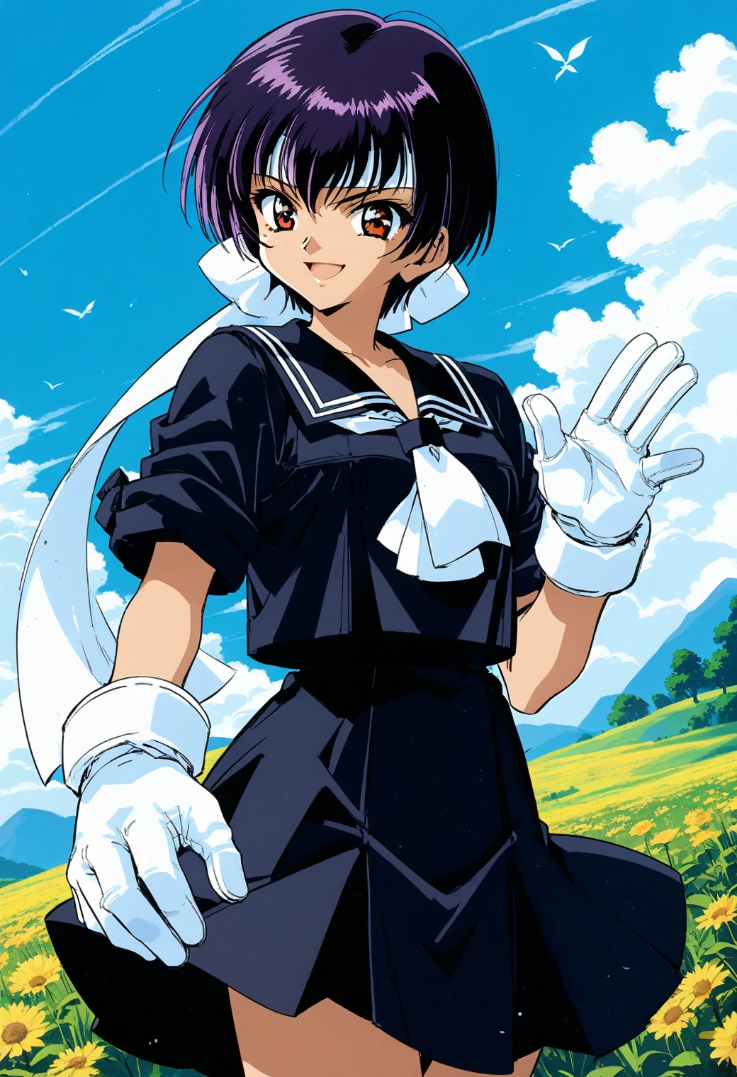 1girl, solo, (field:1.2), (sky:1.2), smile, (cowboy shot, dynamic pose:1.4)
kawasaki_shinobu, red eyes, purple hair, short hair, headband, white gloves, school uniform, black serafuku, black sailor collar, white neckerchief, short sleeves, black skirt, <lora:asuka120_kawasaki_shinobu_pony_ver2:0.7>, score_9, score_8_up, score_7_up, source_anime, best quality, uncensored, rating_safe,