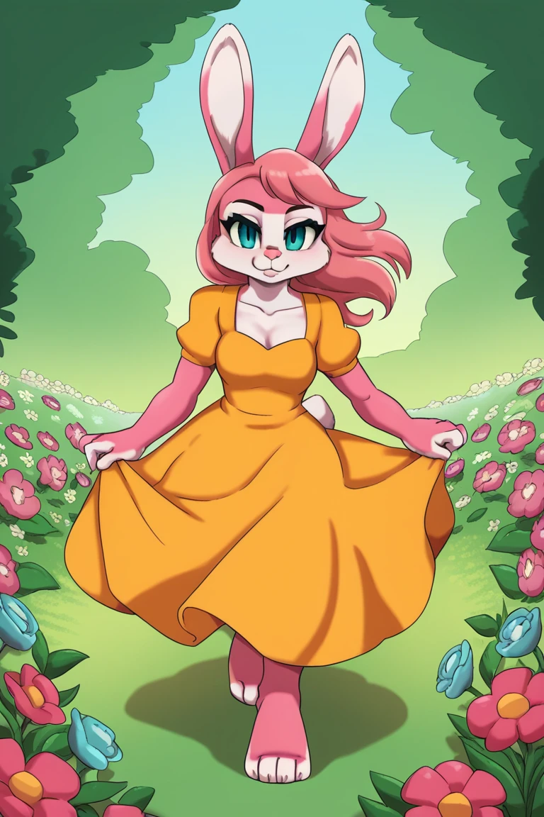 score_9, score_8, score_7, score_6, daigaijinDigitalStyle, anthro, rabbit, meadow, spring, flowers, sunny, solo, fur, white fur, pink fur, clothed, dress, looking at viewer, hi res