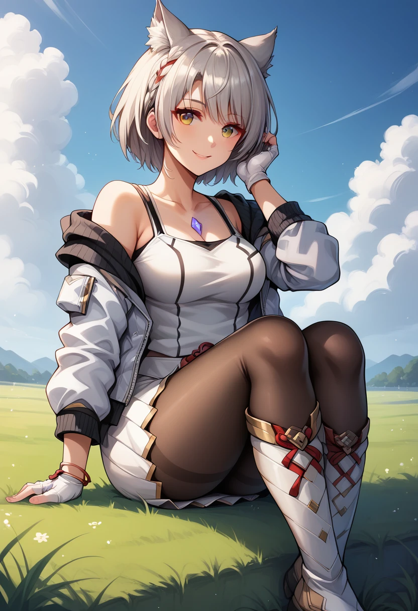 score_9, score_8_up, score_7_up, score_6_up, source_anime, BREAK, <lora:MioXenoblade3:1>, MioXC3, grey hair, short hair, cat ears, white tanktop, chest jewel, open jacket, off shoulder, frilled skirt, pantyhose, fingerless gloves, grass, sky, smile, looking at viewer, adjusting hair, sitting, knee boots,