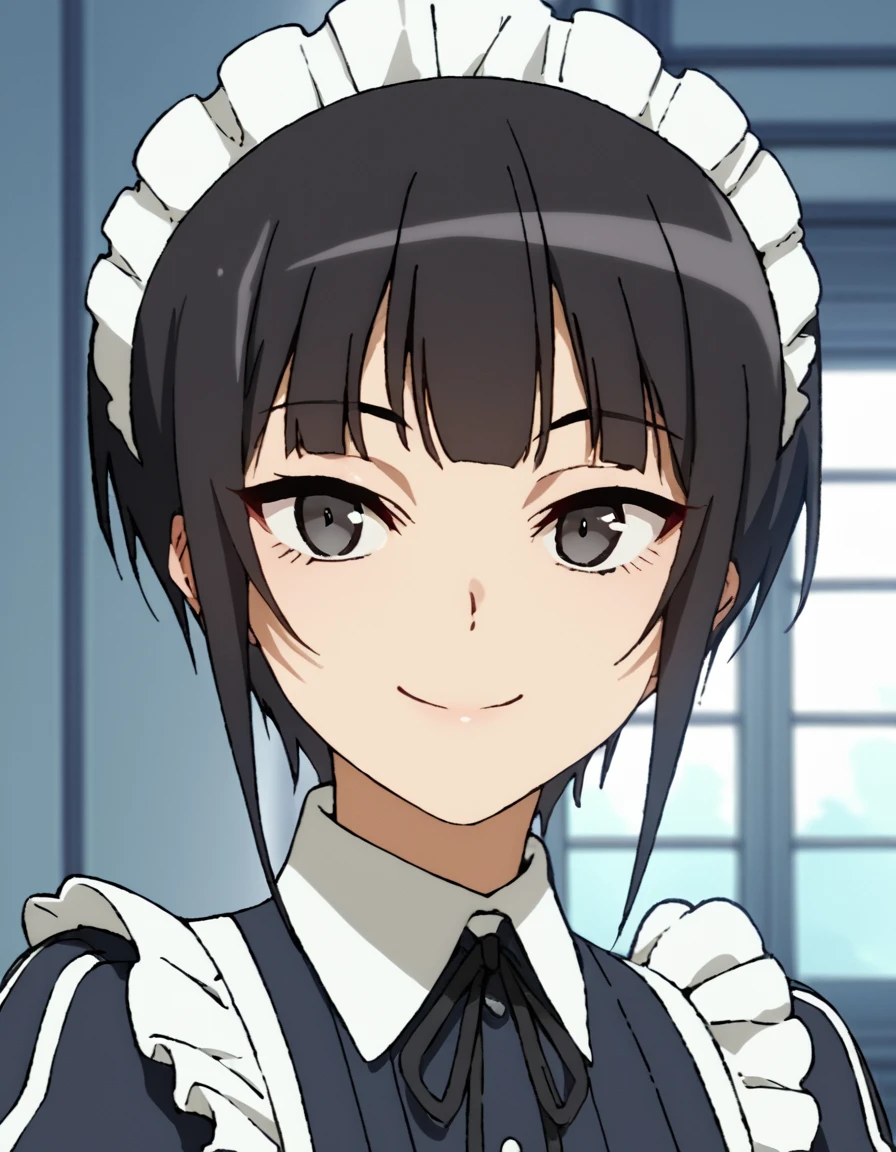 score_9, score_8_up, score_7_up, score_6_up, score_5_up, score_4_up, source_anime,  Kuon, short hair, black hair, maid, black eyes,  portrait, smile