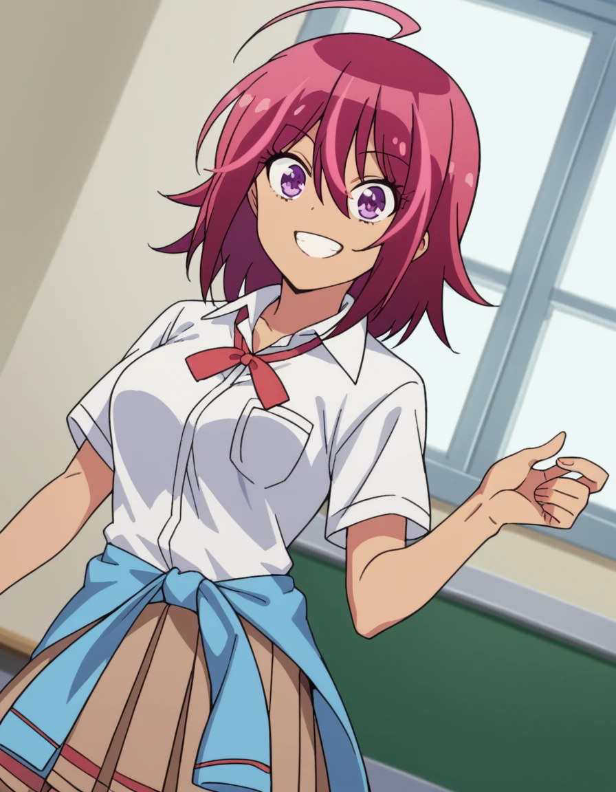 score_9, score_8_up, score_7_up, source_anime, <lora:uruka-takemoto-s2-ponyxl-lora-nochekaiser:1>, uruka takemoto, medium hair, purple eyes, pink hair, ahoge, red hair, medium breasts,, skirt, shirt, school uniform, white shirt, clothes around waist, brown skirt, pleated skirt,, indoors, smile, looking at viewer, solo,, cowboy shot, dutch angle