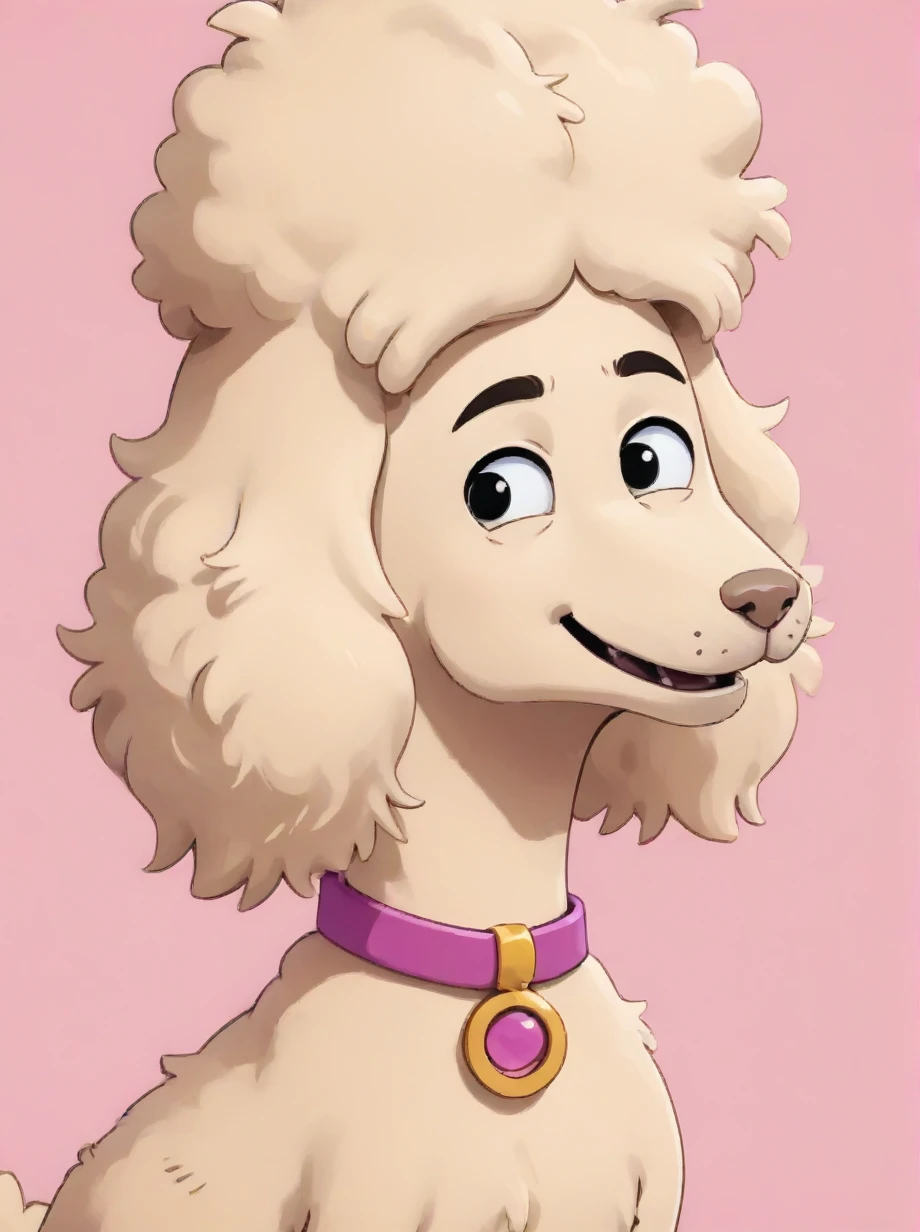 score_5_up, Honeyhb, poodle, dog, feral, looking back, looking at viewer, facing viewer, portrait, happy, collar, smile, flat color, simple, pink background, orange  border